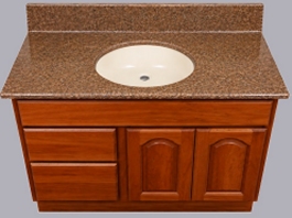 Denyx solid surface vanity top with contrasting integral bowl on cherry vanity cabinet